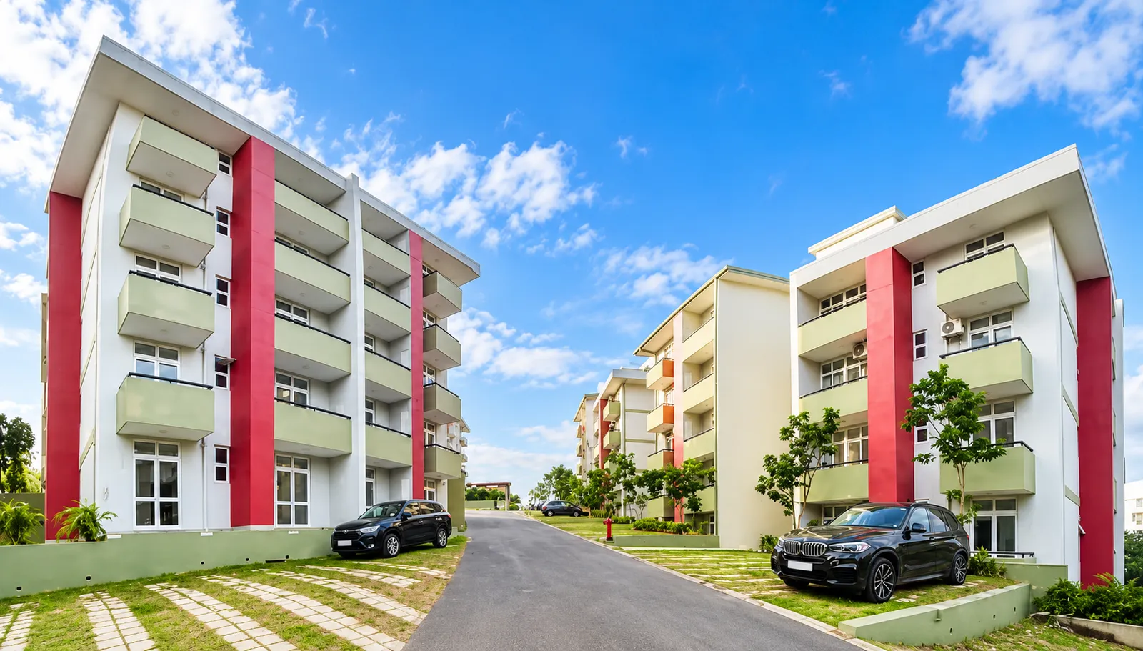 Apartment buildings and landscaped grounds at Prime Residencies, Mahara, Kiribathgoda